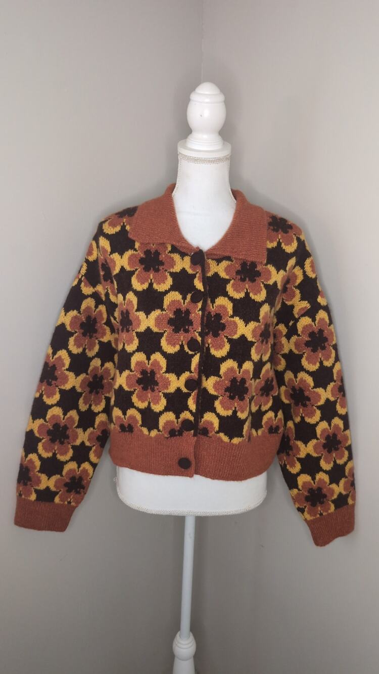 Zara Retro Floral Jacquard Cardigan Brown Mustard Size M